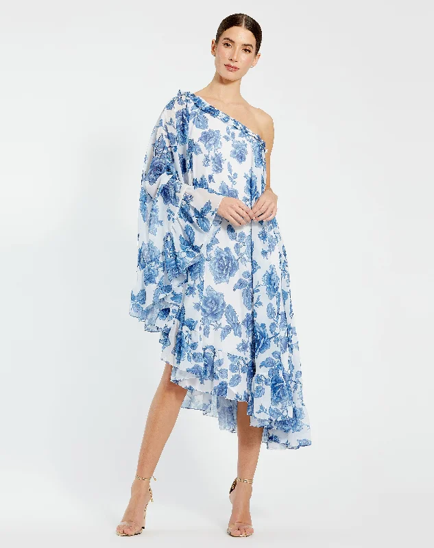 Limited Time Deal Mac Duggal 55073 High Low Floral Cape Sleeve Cocktail Dress