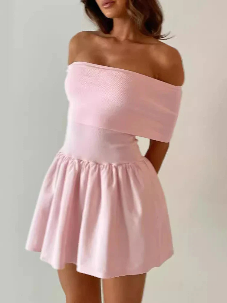 Holiday Attire Sale Off Shoulder Knit Summer Strapless Pink Draped Wedding Party Mini Dress