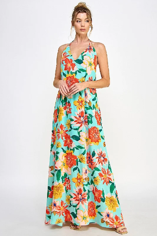 Discover Now Long Halter Neck Open Back Floral Dress