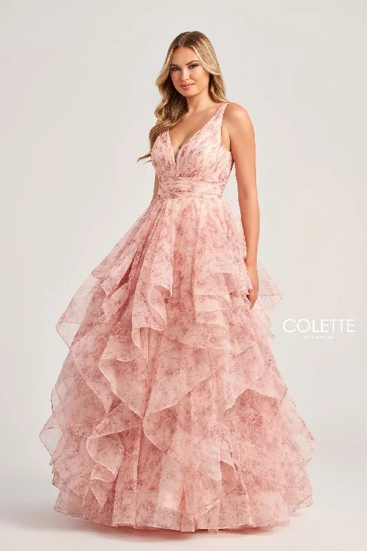 Playful Fashion Offers Colette CL5273 Floral Glitter Long Prom Formal Ruffle Dress