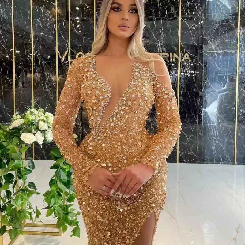 Popular Collection ED2221 Kimshein Women Clothing Long Sleeve Mesh Hollow Out With Diamond Sequin Gold Dresses Women For Wedding Guest