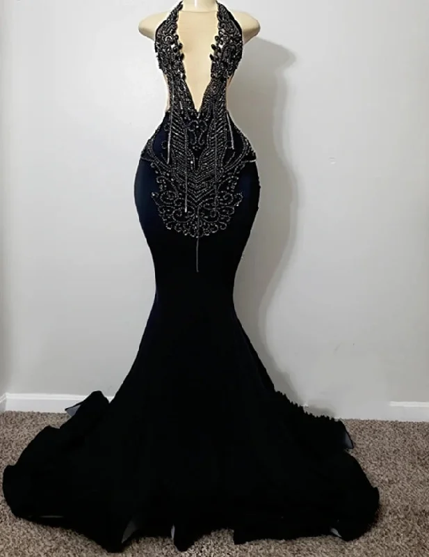 Stylish Statements Black Tassels Crystal Halter Prom Dresses For Black Girls Silver Beaded Mermaid Wedding Evening Dress Luxious Formal