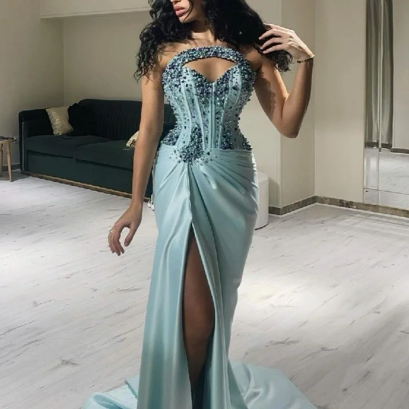 New Season Fashion Preview Sale Sweetheart Prom Dresses High Fork Sleeveless Sequins Wrinkle Floor-Length Wedding Luxury Women Evening Zipper Up