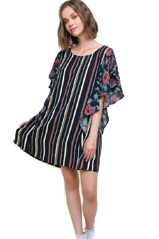 Bid Farewell To The Old Season Striped & Floral Ruffle Sleeve Dress, Navy Mix