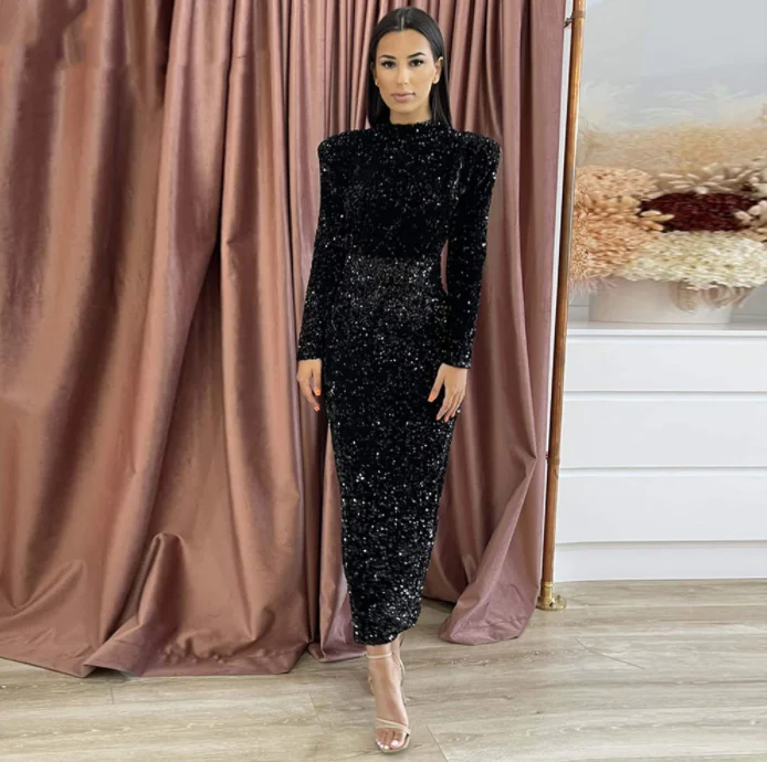 Vibrant Style Promotions Shiny Sequins Mermaid Evening Dresses for Women Tea Length High Neck Long Sleeves Formal Prom Wedding Party Gowns,BG036