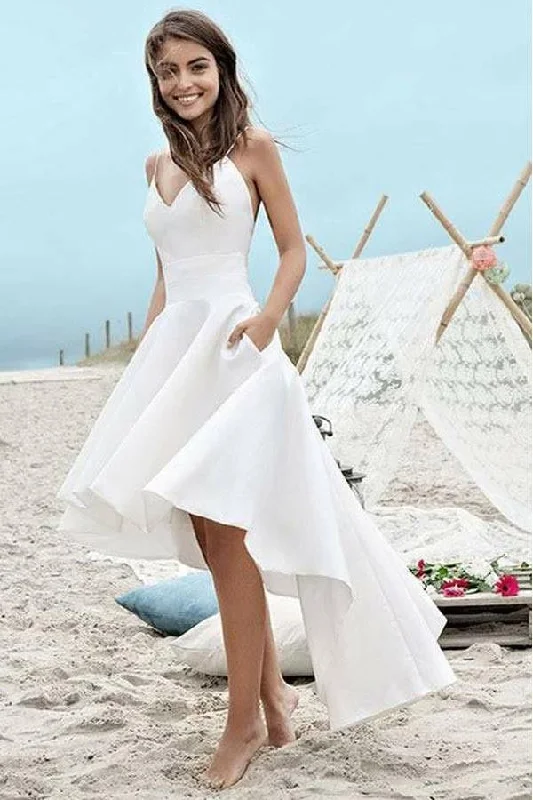 Huge Markdowns Spaghetti Straps V-Neck High Low Prom Dresses Beach Wedding Dresses