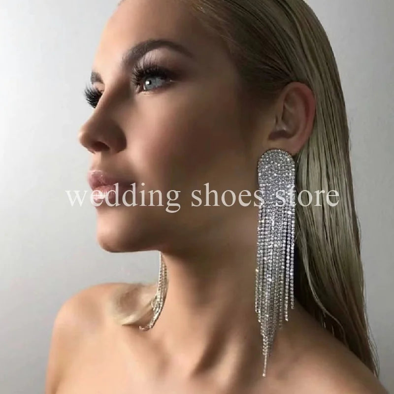 Trendy Looks On Sale Wedding New Super Flash Diamond Long Tassel Earrings Women Diamond-bordered Claw Chain Earrings Temperament Party Earrings