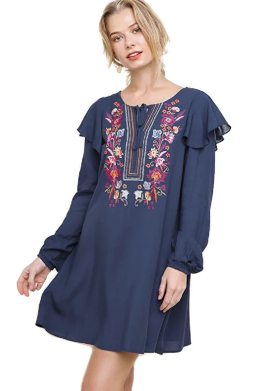 Huge Discounts This Week Floral Embroidered Puff Sleeve Dress, Navy