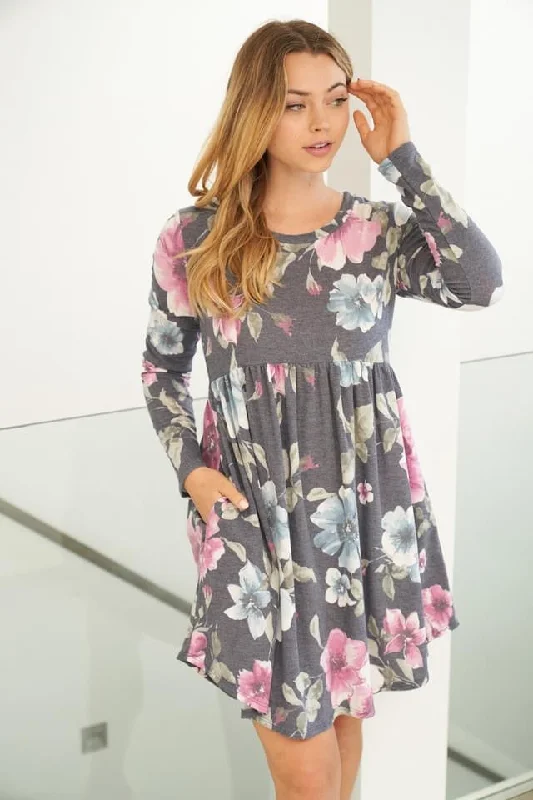 Romantic Chic Deals Floral Babydoll Dress, Charcoal