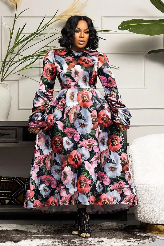 Weekend Exclusive Long Sleeve Floral Print Pockets Wrap Belt Midi Dress