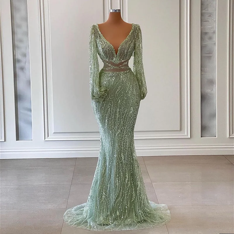 Feminine Style Promotions Scz027 Luxury Beaded Mermaid Mint Green Evening Dress 2023 Sexy V-Neck African Prom Party Dresses For Women Wedding