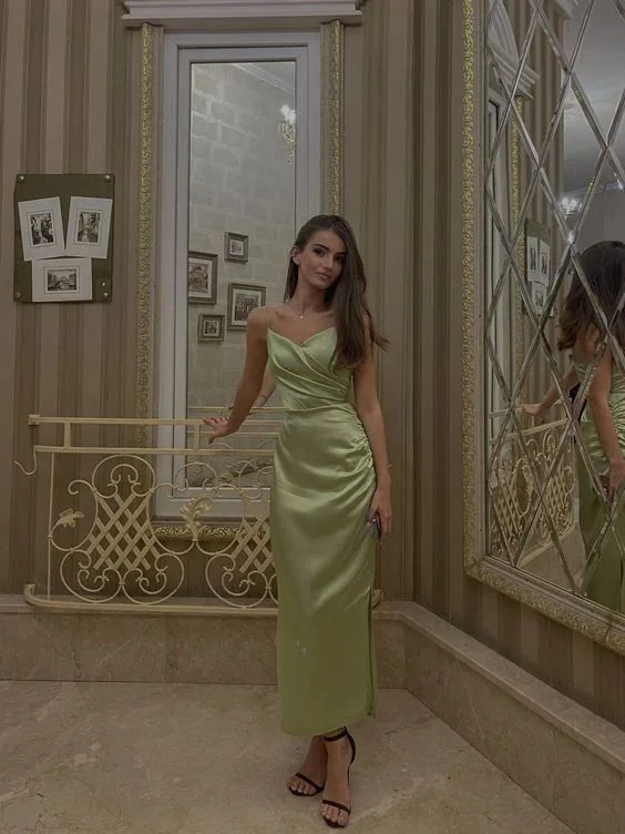 Modish Fashion Discounts Green Spaghetti Straps Sheath Satin Long Party Dress Wedding Guest Dress, D354