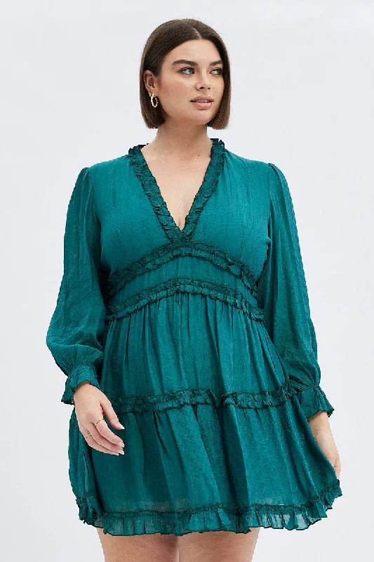 Urban Elegance Deals Green Mini Dress Textured Chiffon Frill Long Sleeve