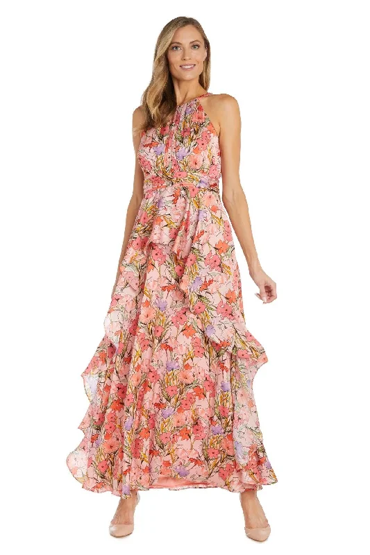 Top Deals R&M Richards 1118P Long Halter Petite Floral Ruffle Dress