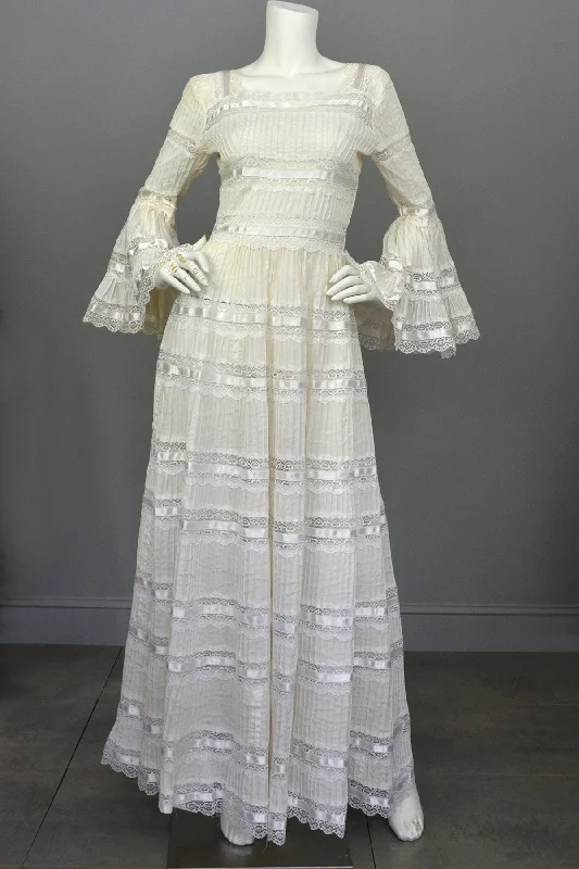 Winter Warehouse Sale 1970s Vintage Mexican Wedding Dress with Bell Sleeves and Lace