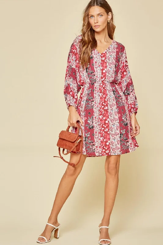 Vintage-Modern Style Offers Multi Floral Dolman Sleeve Dress, Magenta