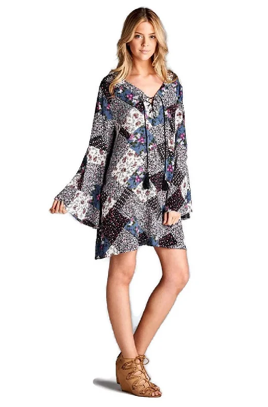 End Of Season Sale Floral Patchwork Print Dress, Grey