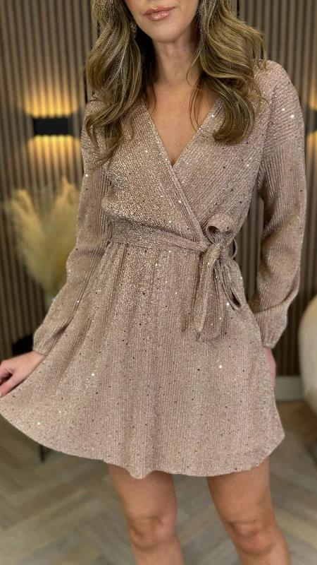 Seize Bargains Christina Champagne Sequin Detail Long Sleeve Mini Dress