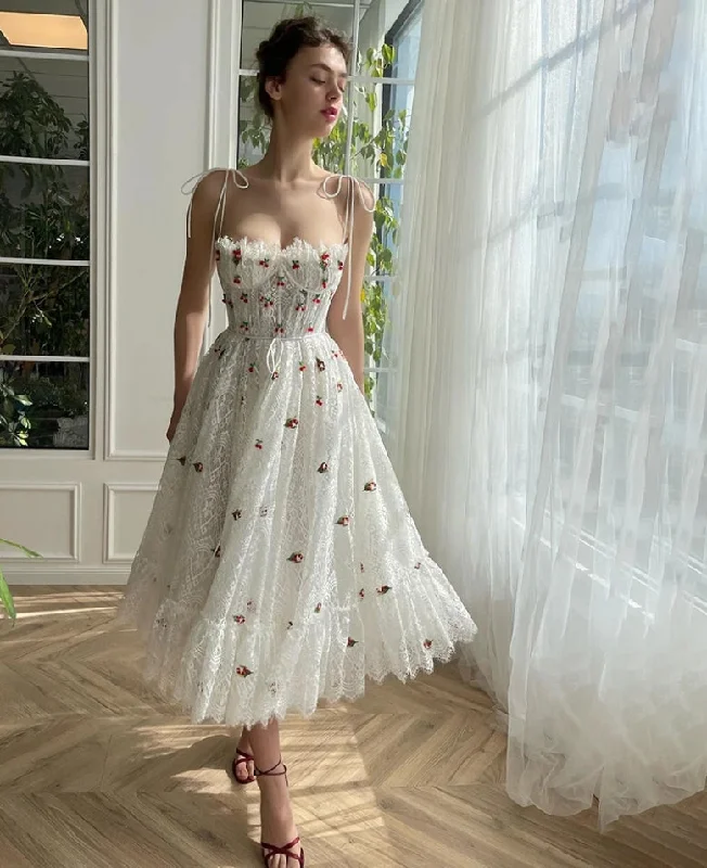 Trend Leading Collection White Fairy Lace Midi Prom Dresses Sweetheart Cherry Appliques Wedding Party Dresses for Women A-Line Graduation Gowns