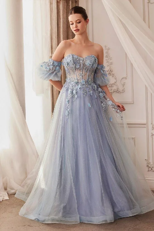 Relaxed Style Strapless Floral Sheer Structured Off Shoulder Bodice Puff Sleeves Long Prom & Ball Dress CDA1108