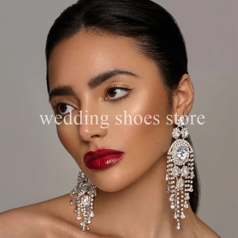 Elegant Fashion Offers Wedding Tassel Rhinestones Women's Big Earrings Trend Luxury Chain Women Diamond-bordered Chain Earrings Sexy Party Earrings