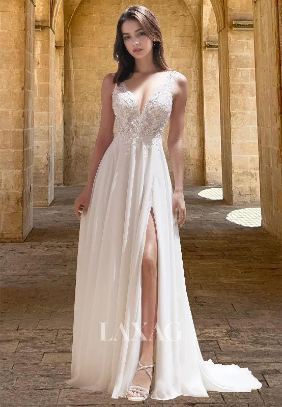 Additional Time-Limited Offers Spaghetti Straps Deep V-Neck Sleeveless Beaded Bride Gowns Lace Applique Pleated A-Line Wedding Dress