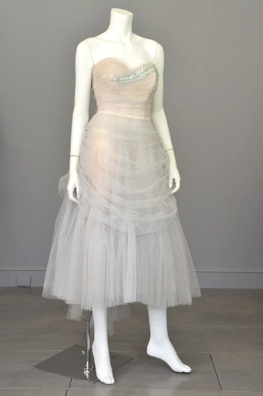 Huge Discounts This Week Vintage 1950s Tulle Draped Sequin Leaf Vintage Prom Dress Wedding Dress