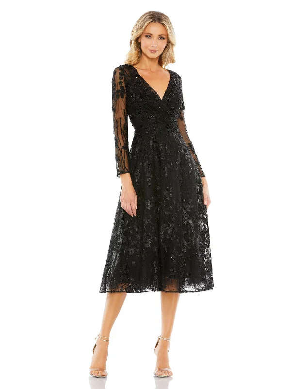 Street Style Discounts Mac Duggal 204041 Long Sleeve Cocktail Floral Beaded Midi Dress