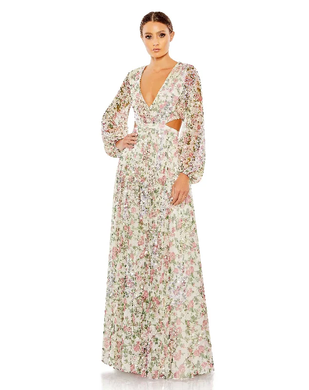 Shop The Hottest Deals Mac Duggal A93746 Floral Print Long Sleeve Formal Dress