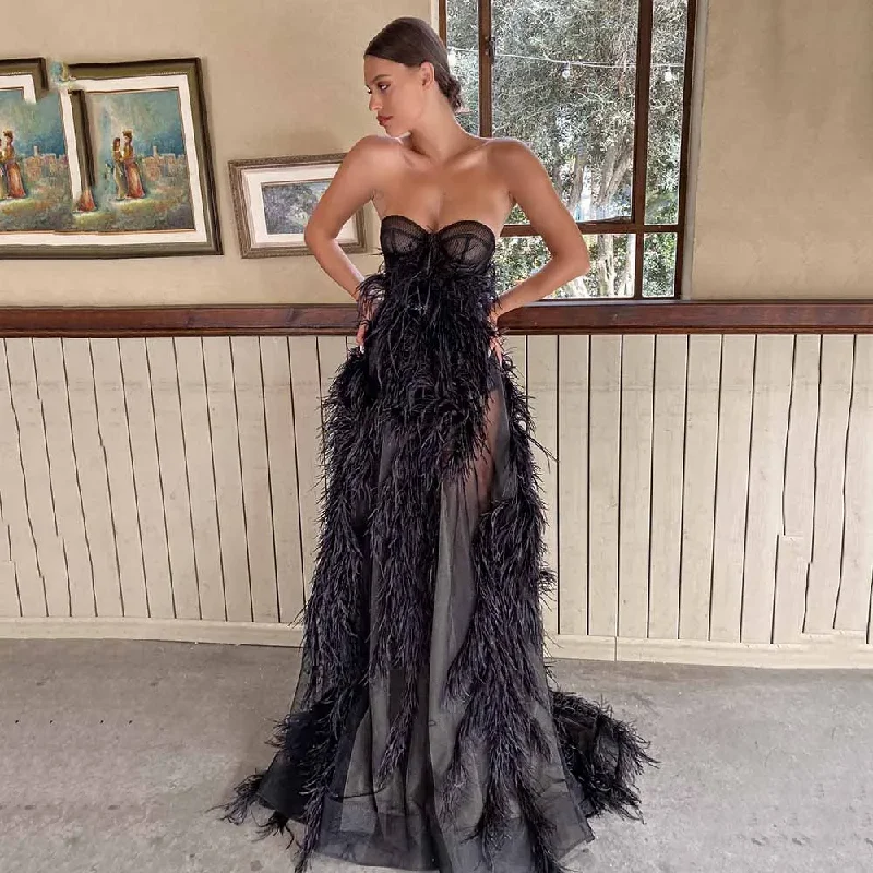 Fashion Forward, Function First Sexy Strapless Prom Dress Sleeves Feather Sweep Train Gown For Women Zipper Tulle Dress Formal Wedding Party