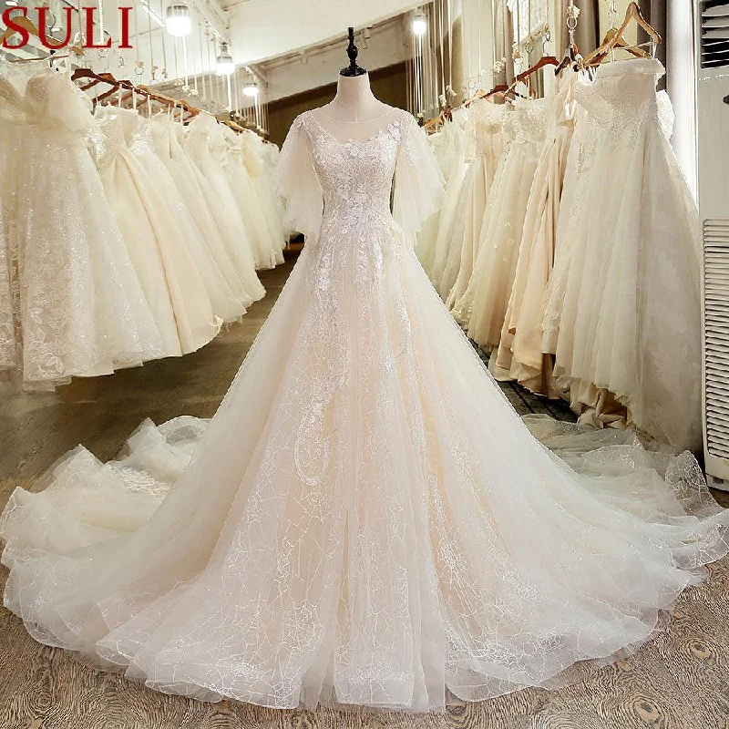 Elegant Fashion Offers Elegant Illusion Bodice Lace Puffy Short Sleeve Wedding Dress