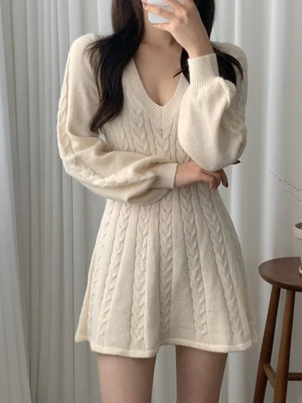 Insane Discount Onslaught V Neck Cable Knit Long Sleeve Mini Dress