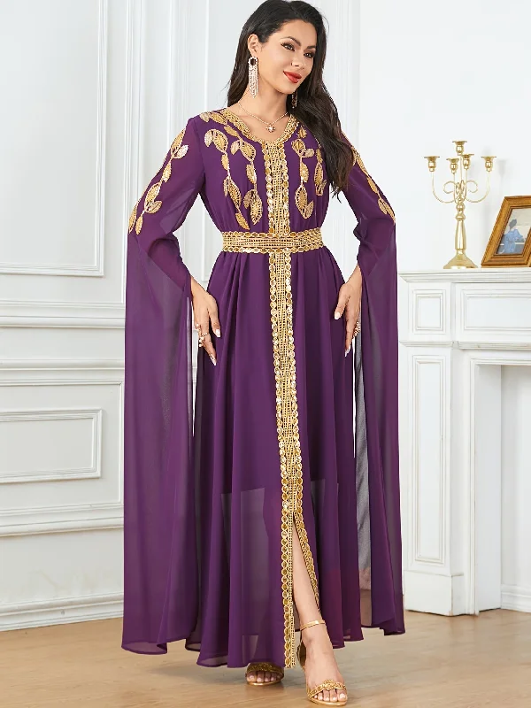 Feminine Luxe Style Sale Luxurious Embroidered V-Neck Kaftan Maxi Dress - Elegant Tied Waist, Flowy Cape Sleeves, Comfortable Women's Clothing for Special Occasions - Perfect for Formal Events, Weddings, and Parties