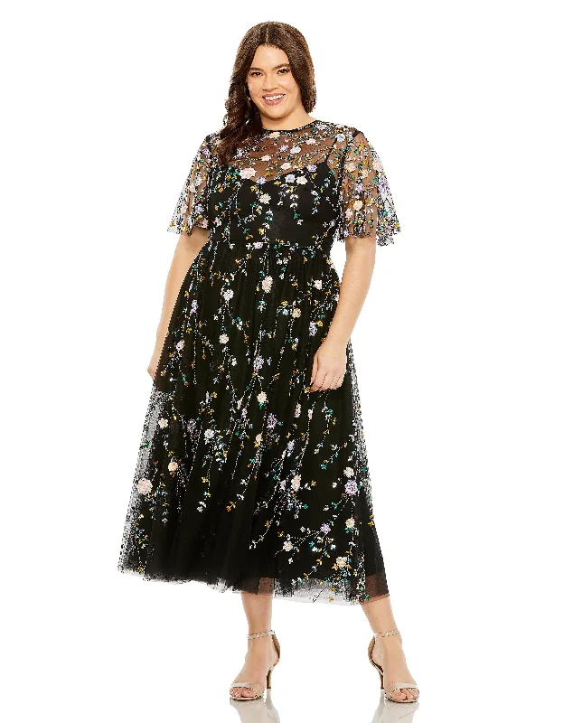 Fashion Frontiers Mac Duggal 68638 Plus Size Sequin Floral Detail Midi Dress