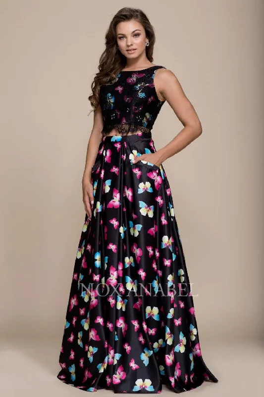 Top Deals Long Butterfly Print Two Piece Prom Dress Black