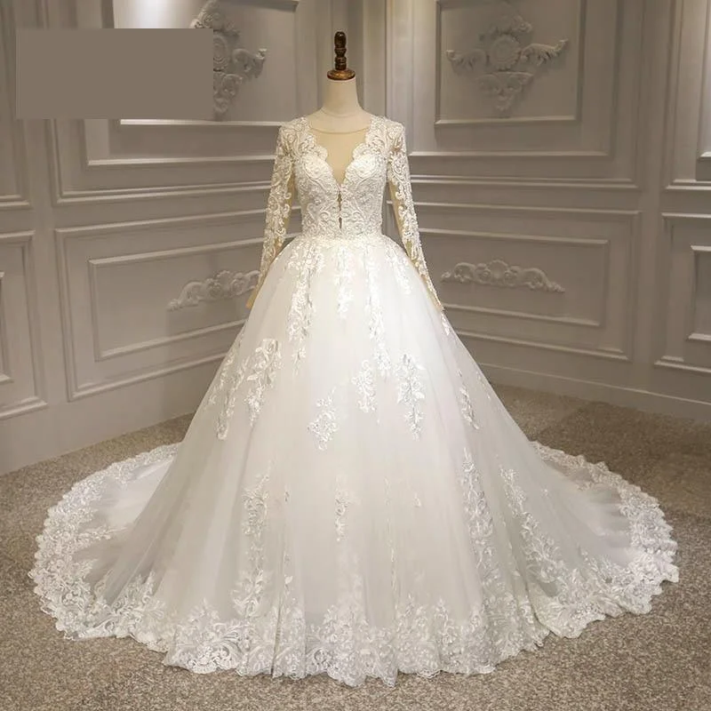 Fashion-Forward Offers Princess Sheer V Neck Lace Long Sleeve Wedding Dress Bridal Gowns