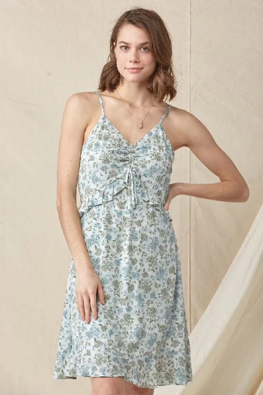 Unleash Your Trendy Side Short Spaghetti Strap Cinched Bodice Floral Dress