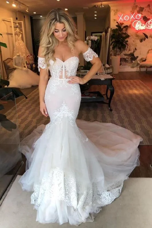 Stylish Looks Mermaid Sweetheart Lace Court Train White Wedding prom Dress   cg6590