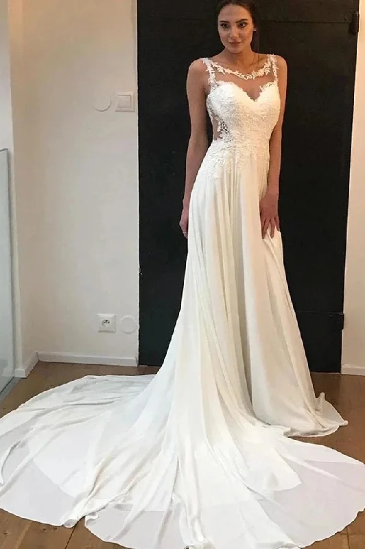 Limited Edition A Line Sleeveless Chiffon Lace Appliques Long Train Wedding Dress N2568