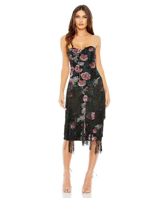 Durable Fashion Picks Mac Duggal 20577 Strapless Floral Embroidered Midi Fringe Dress