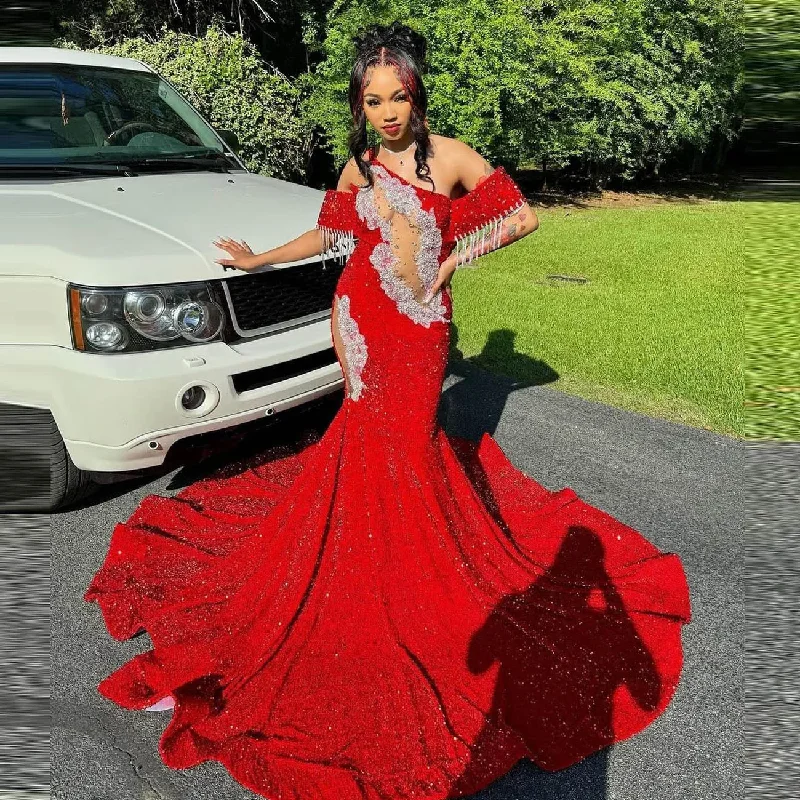 Hot Brand Discounts Stunning Sequined Prom Dresses long Appliques Tassels Sexy One Shoulder Mermaid Evening Gowns Red Wedding Reception Dress