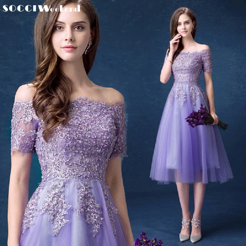 Sleek Style Discounts SOCCI Lavender Lace Sexy Boat-Neck Strapless Cocktail Dress New Lace-up Back Women Tea-Length Gowns Lady Wedding Party Dresses