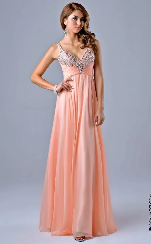 Premium Style Nina Canacci 1040 Size 6 Coral Long A Line Prom Dress Embellished Babydoll Gown