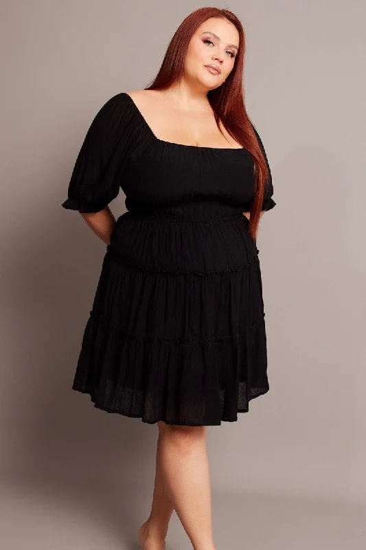 Massive Savings Black Mini Dress With Elastic Waist And Frill Skirt