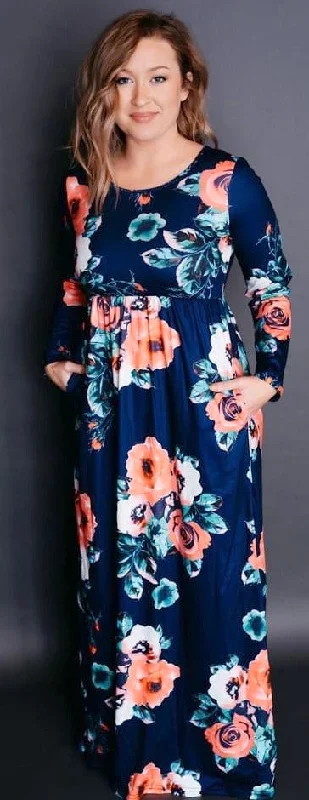 Hot Sale Navy Floral Babydoll Maxi Dress