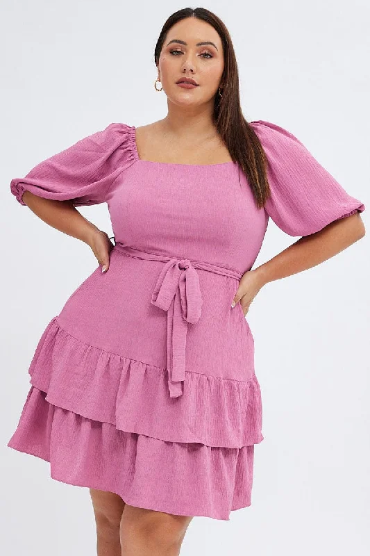 Exclusive Fashion Deals Pink Mini Dress Short Puff Sleeve Textured Waist Tie