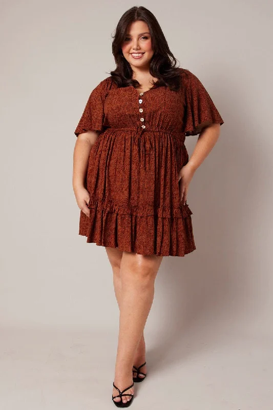 Style Upgrade Brown Geo Shell Button Mini Dress