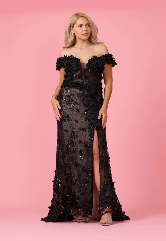 Sophisticated Style Offers Long Formal Off the Shoulder 3D Floral Corset Dress Black