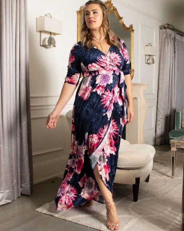 Seasonal Clearance Kiyona Long Formal Plus Size Velvet Wrap Dress