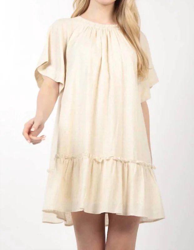 Spring Fashion Round Neck Comfy Woven Mini Dress In Oatmeal